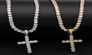 Sell ​​Eced Out Zircon Cross Anhänger mit 4mm Tenniskette Halskette Set Men039s Hip Hop Schmuck Gold Silber CZ Anhänger Halsla4141485