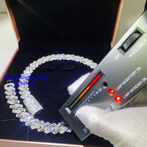 Grossistpris 15 mm bred hiphop -prong seting baguette stil 925 Moissanite diamantsilver isad ut kubansk länkkedja