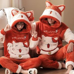 Salotto da notte da donna Inverno Addensato Coppie Pigiama Set Indumenti da notte Per adulti Cartoon Cat Kawaii Donna Uomo Pigiama anime Coreano Felpa con cappuccio Abiti Camicia da notte 231212