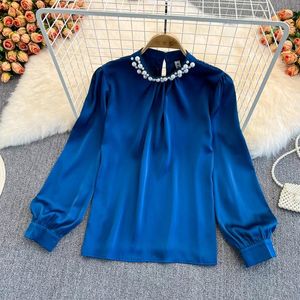 Женские блузки OL, профессиональная элегантная атласная рубашка с длинным рукавом, весенне-осенний винтажный топ с деревянным краем и бисером, однотонный цвет