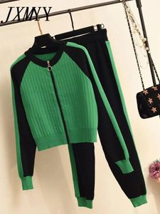 Zweiteilige Damenhose, lässiger zweiteiliger Pullover, Strickjacke, Jacke, Damen-Herbst-Strickanzug für Damen, modisches Baseball-Sport-Reißverschluss-Top und Hosen-Set 231211