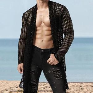 Camisas casuais masculinas sexy homem tamanho grande xale escavado cardigan malha ver através de camisa de manga comprida tops beachwear transparente para homens
