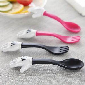 Baby Feeding Fork Spoon Sets Mouse Palm Shape Cutlery Toddler Dinnerware Portable Utensil Kids Learning Eat Tools LL