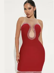 Casual Dresses Est Women Summer Sexy O Neck Sleeveless Mini Red Diamonds Sparkly Bandage Dress Elegant Celebrity Evening Party Club