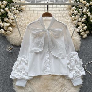 Damskie bluzki vintage solidne kobiety jednopijne koszulę z długim rękawem kokardowy biuro biuro dama eleganckie żeńskie ubrania mody 2023 Autumn