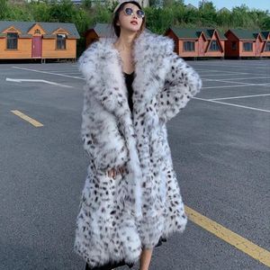 Pele feminina inverno imitação moda jovem leopardo impressão casaco longo na altura do joelho