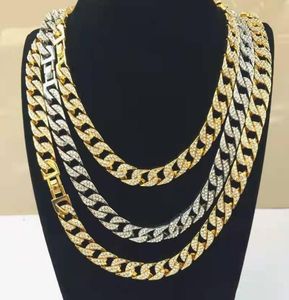 Kedjor Rapper Hip Hop Iced Out Paled Rhinestone 15mm Miami Curb Cuban Link Chain Gold Sliver Halsband för män Kvinnliga smycken Set C8273679