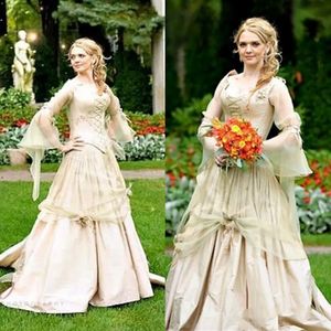 Märchenhaftes keltisches Renaissance-Hochzeitskleid mit langen Ärmeln, Champagner-Gold, A-Linie, Damenkleid für besondere Anlässe, Korsett, Vintage, mittelalterliche Brautkleider