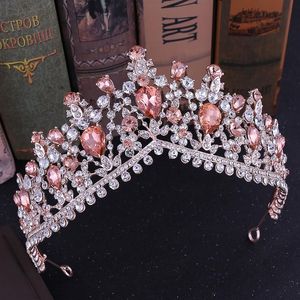 KMVEXO Baroque Rose Gold Pink Crystal Bridal Tiaras Crowns Rhinestone Diadem for Royal Bride Headbands Wedding Hair Accessories Y2235f