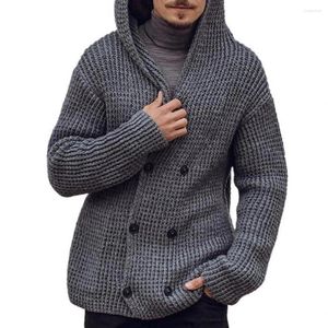 Мужские свитера, осенне-зимний двубортный кардиган, свитер с капюшоном, модная повседневная однотонная вязаная куртка с длинными рукавами для мужчин