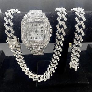 Relógios de pulso 3 pcs congelado relógios para homens relógio de ouro quartzo 15mm cubano link cadeias pulseira colares diamante jóias homem reloj276k