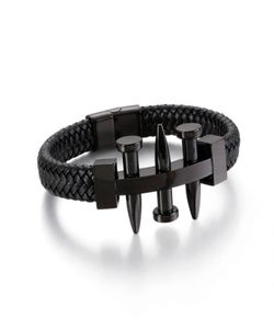 Mode Men Silver Color Gold Black Titanium Steel Three Nail Cable Wire Blood Weave Leather Bangle Armelets Smycken 2106414978