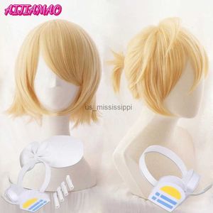 Perucas cosplay rin len curto loiro resistente ao calor cabelo sintético anime perucas cosplay + código de pista + peruca grátis capl240124