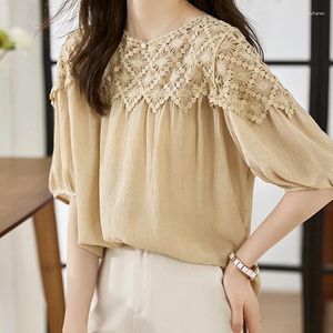 Women's Blouses 2023 Summer Lace Stitching Blouse Korean Fashion Women Short Sleeve Tops Ladies Elegant O Neck Loose Hollow Casual Shirt