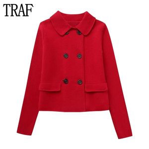 Ternos femininos blazers traf vermelho curto blazer mulher duplo breasted para mulheres falso lã cortada jaqueta manga longa 231212