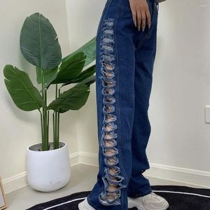 Kvinnors jeans blå denim kvinnor byxor 2024 sommar street mode ihålig klaff öppnar brett ben rak