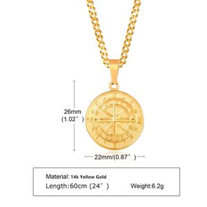 Kolor męski Złote Kompas Naszyjniki, Vintage Viking North Star Medal, 14 -karatowy żółty złoty wisiorek dla męskiego chłopaka prezent