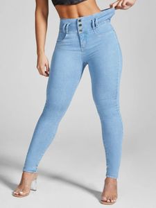 Dżinsowy dżinsowy rozciąganie chude niebieskie dżinsy Lady Slim Fit Hip Wrap Classic Denim Pencil Pants Y2K punk streetwear Button 2312012