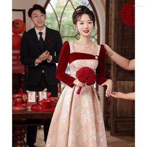 Etniska kläder långärmad sammet party klänning vintage elegant cheongsam plus storlek 3xl kvinnors vestidos bröllop engagemang brud rostat bröd