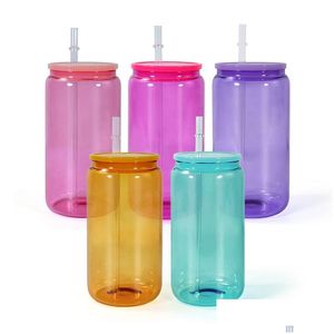 Muggar sublimering colorf 16oz glas tumlare burk med lock klara glasögon återanvändbar st öl transparent frostad soda kopp drickskoppar nya dh958