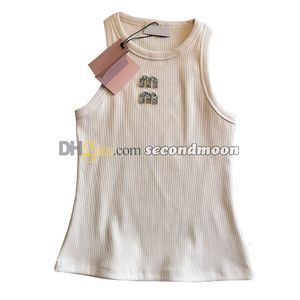 Maglietta con lettera con strass Maglietta estiva da donna Maglietta sportiva senza maniche Maglietta in maglia tinta unita