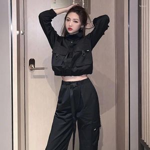 Women's Two Piece Pants Jacket Suits Cool Girl Wear Motorcycle Style Top Cargo Autumn Dark Black Series Disco Matching Sets For Women