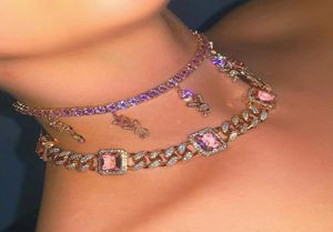 Rose Gold Pink Rectangle Stone Charm Necklace 12MM Iced Out Miami CZ Cuban Link Chain Hip Hop Women Chunky choker Necklace7876427