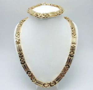 Collana e bracciale in acciaio inossidabile argento moda larghezza 11 mm Set di gioielli bizantini piatti personalizzati placcati in oro 18 carati per uomo7240510