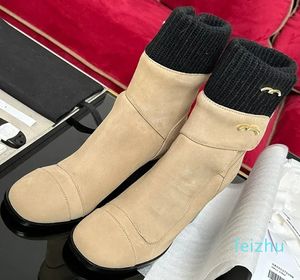 Designer Mid Heel Sticked Elastic Socks Panel Tjock Sole Martin Boots Real Leather Face Down Metal Letter Label Brand Ladies Boot