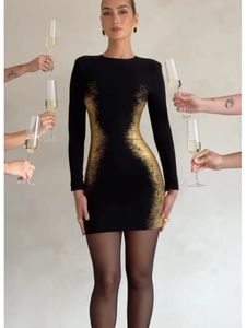 Temel gündelik elbiseler zarif altın köpüklü kadınlar patchwork mini elbise moda o boyun uzun kollu bodycon 2023 Lady Party Club Robes 231213