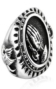 Men Fashion Vintage 316L Stainless Steel Blessed Virgin Mary Pray Hand Religious Ring Lucky Power The Praying Hands Rings Silver 1547641