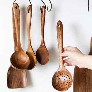 Cookware Sets Wooden Utensils for Nonstick Handmade Teak Cooking Spoons Dinnerware Tableware 231213