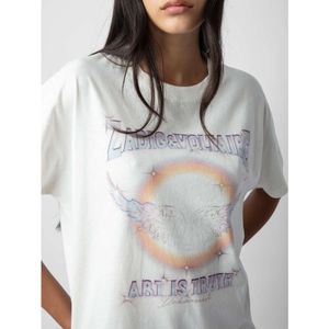 24SS New Niche Designer TシャツZadig Voltaire Tide Tops Tees Front and Back Digital Printing Rainbow Wings Cotton Split Women短袖カジュアルプルオーバーTシャツZV