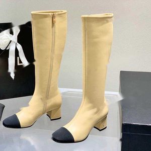 Channel Boots Schaffell Kniehohe hochwertige klassische klobige Damenabsätze 55 cm Freizeitschuhe Designer Luxus Herbst Winter Retro Wildleder Stretch Hight Regenstiefel