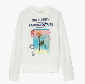 23SS ZADIG VOLTAIRE新しいデザイナースウェットシャツクラシックスタイルホワイトインクデジタルプリントラウンドネックカジュアルカジュアルな汎用性のある女性ルースプルオーバーパーカーセータータイドトップス