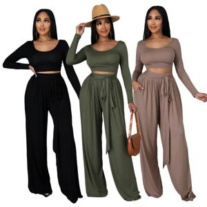 Two Piece Set Tracksuits Women Scoop Neck Shirt and Wide Leg Pants Set Outfits Free Ship
