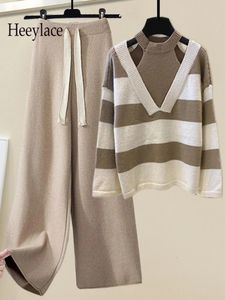 レディースパンツS秋の冬の温かいニットスーツの女性の長袖肩の縞模様のパッチワークルーズニットセーターとワイドレッグセット231213
