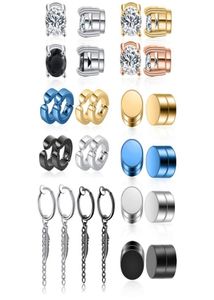 14 Pairs Stainless Steel Magnetic Stud Earrings Clip on Non Piercing Feather Hinged Hoop Earrings Unisex CZ Magnet Earring Set10082123338