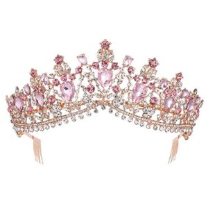 Barock Rose Gold Pink Crystal Bridal Tiara Crown med Cam Pageant Prom Veil Pannband Bröllop hårtillbehör 2110065967674