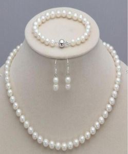 78MM Natural White Akoya Cultured Pearl necklace Earrings set 17quot1152929