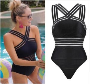 2019 Sexy Ein Stück Badeanzug Frauen High Neck Bandage Kreuz Zurück Neck Monokini Schwarz Bademode Frauen Badeanzüge Schwimmen Suit3098987