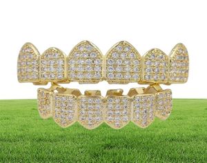 Luxury bling zircon dentes aparelhos de moda de rua homens homens 18k Gold Rhodiium Bated Copper Hip Hop Grillz 2 peça Conjunto VamPir4244748