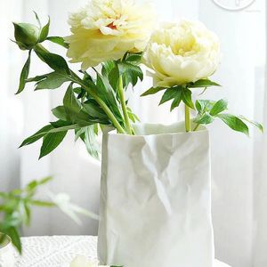 Vaser Creative Ceramic Vase Pleated Paper Bag White Modern Simple Light Luxury Flower Home Office Decoration Gift