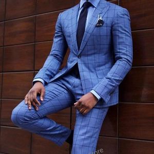 Ubrania etniczne Biuro Biuro Biuro Blue Plaid Suits for Men Slim Fit Notoched Lapel Groom Tuxedos 2 sztuki Elegancki męski kostium Blazer Homme 231213