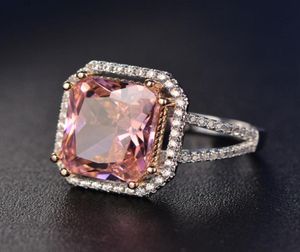 S925 Halkalar Kadınlar için Sterlling Gümüş Pembe Büyük Kare Topaz Diamant İnce Mücevher Gelin Düğün Nişan Yüzüğü Lüks Bijoux9123119