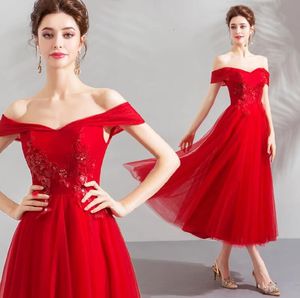 Off-shoulder Tulle Tea-length Bridesmaid Dress A-line Formal Dresses With Applique