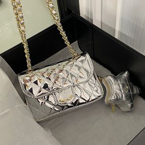 24C Womens Patent Leather Gold/Silver Classic Flap Quilted Bags With Star Charm Gold Metal Hardware Matelasse Chian Crossbody Rectangular Handbags 19x13cm 23x18cm