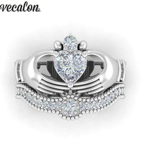 ウェディングリングvecalon luxury lovers claddagh ring 1ct 5a zircon czホワイトゴールドフィルドエンゲージメントバンド女性のためのメン3979915