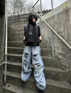 Mäns jeans denim blå förstörde lösa iögonfallande mode high-end streetwear trendiga nödställda fit hiphop lyx