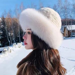 Wide Brim Hats Bucket Style Female Fashion Knitted Fluffy Real Rex Rabbit Fur Hat Women Outdoor Winter Warm Natural Fox Lady Knit Cap 231213